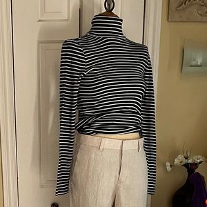 J Crew Dark Navy and White Striped Turtleneck Long Sleeve Tee